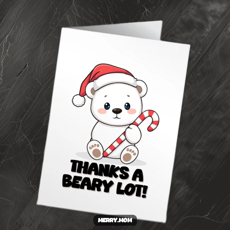 Funny Free Printable Thank You Card: A cute polar bear in Santa hat offers a candy cane, conveying thanks with holiday spirit.