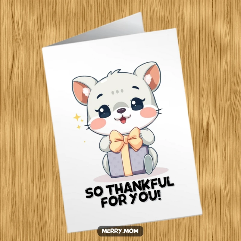 Funny Free Printable Thank You Card: An animal beaming with excitement while unwrapping a special gift.