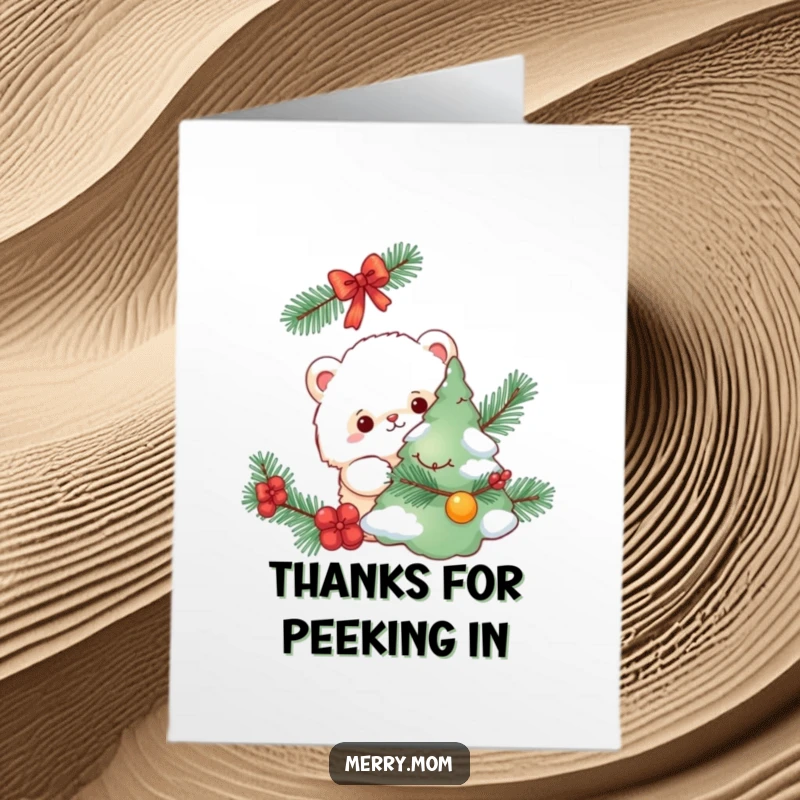 Funny Free Printable Thank You Card showing a fluffy creature peeking from behind a decorated pine tree with a friendly gaze.