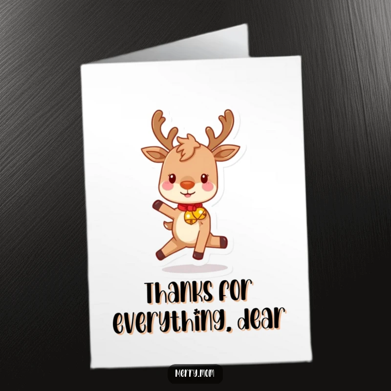 Festive Free Printable Thank You Card: A playful reindeer with rosy cheeks prances, conveying thanks with a touch of holiday magic.