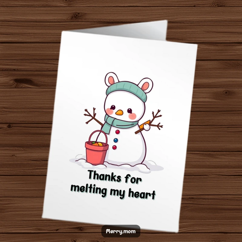 Funny Free Printable Thank You Card: Animal building a snowman with bucket and carrot, a cozy, downloadable way to say thanks.
