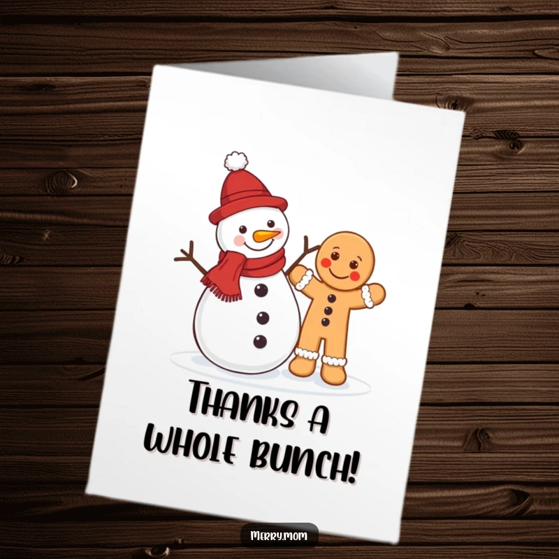Funny Free Printable Thank You Card: A jolly snowman with a happily waving gingerbread man conveys thanks with winter cheer.