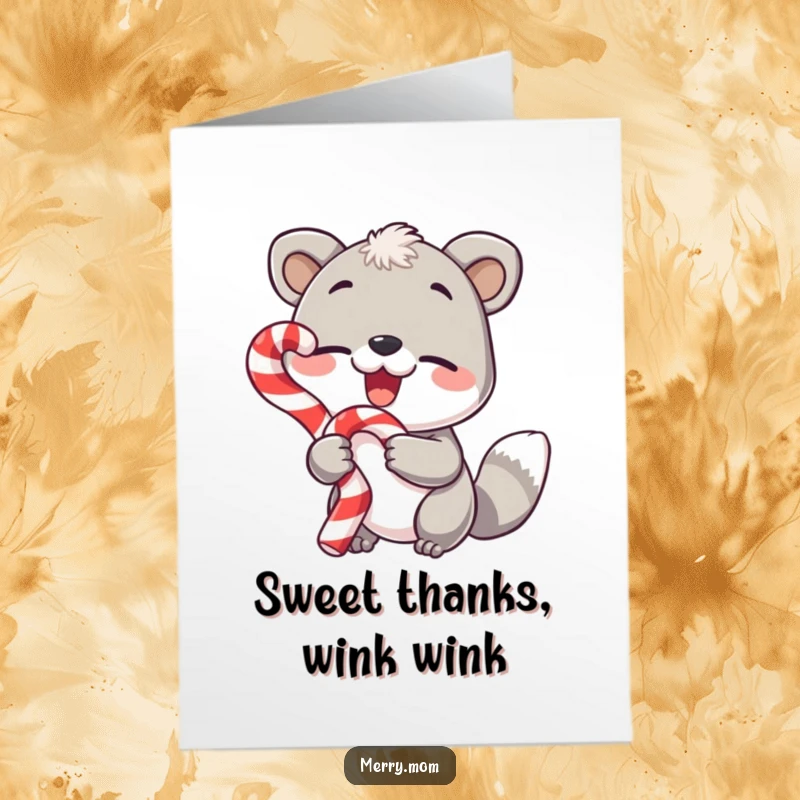Funny Free Printable Thank You Card featuring an animal holding a candy cane and delivering a charming, cheerful wink.