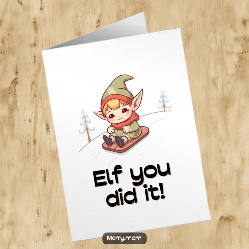 Funny Free Printable Thank You Card: Kawaii elf with pointed ears on a snowy hill slide, expressing gratitude.