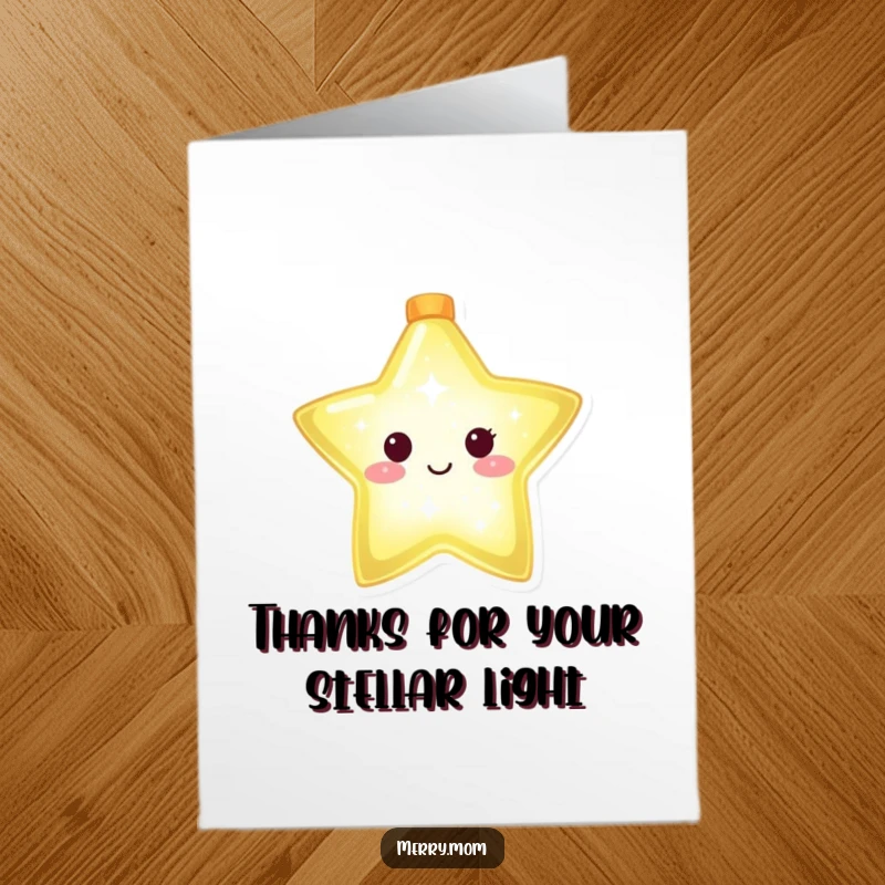 Free Printable Thank You Card: A brightly shining Christmas star character, offering thanks with a warm, luminous glow.