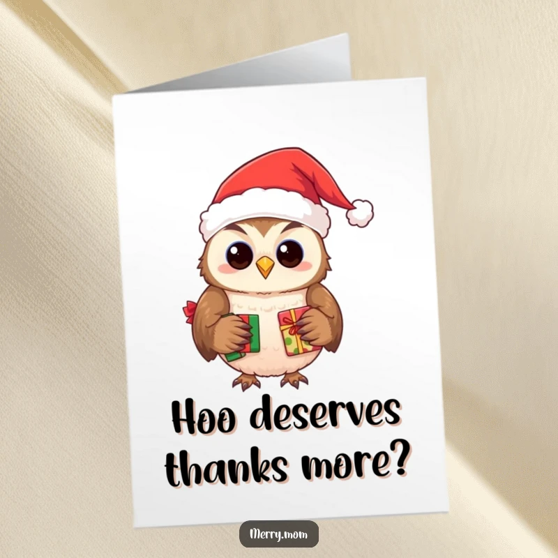 Funny Free Printable Owl Santa Thank You Card: A smiling owl Santa delivering presents, a unique way to express thanks.