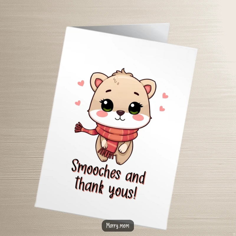 Charming free printable thank you card featuring an animal in a festive scarf, blowing a sweet, affectionate kiss.
