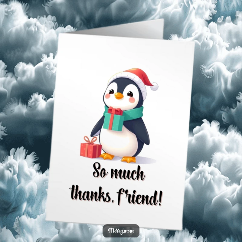 Funny Free Printable Thank You Card: A cheerful penguin in Santa gear balances presents on its nose, showing thanks with humor.