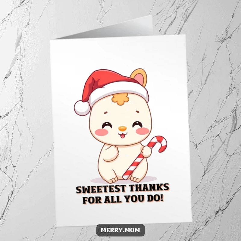 Funny Free Printable Thank You Card with a cheerful animal in a Santa hat offering a candy cane