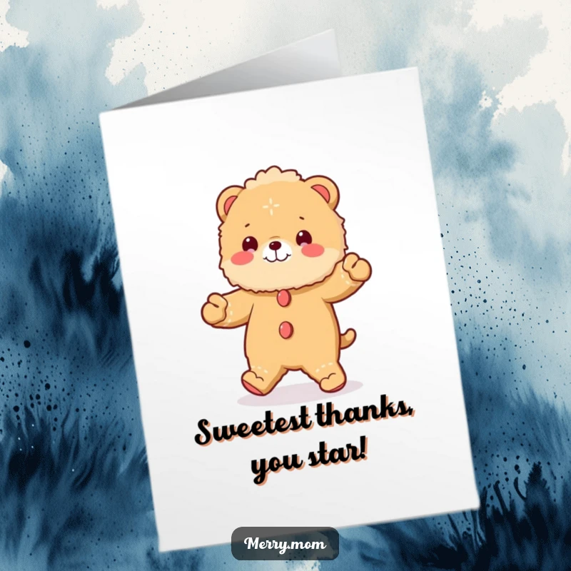 Funny Free Printable Thank You Card: A fluffy animal in gingerbread costume joyfully doing a jig.