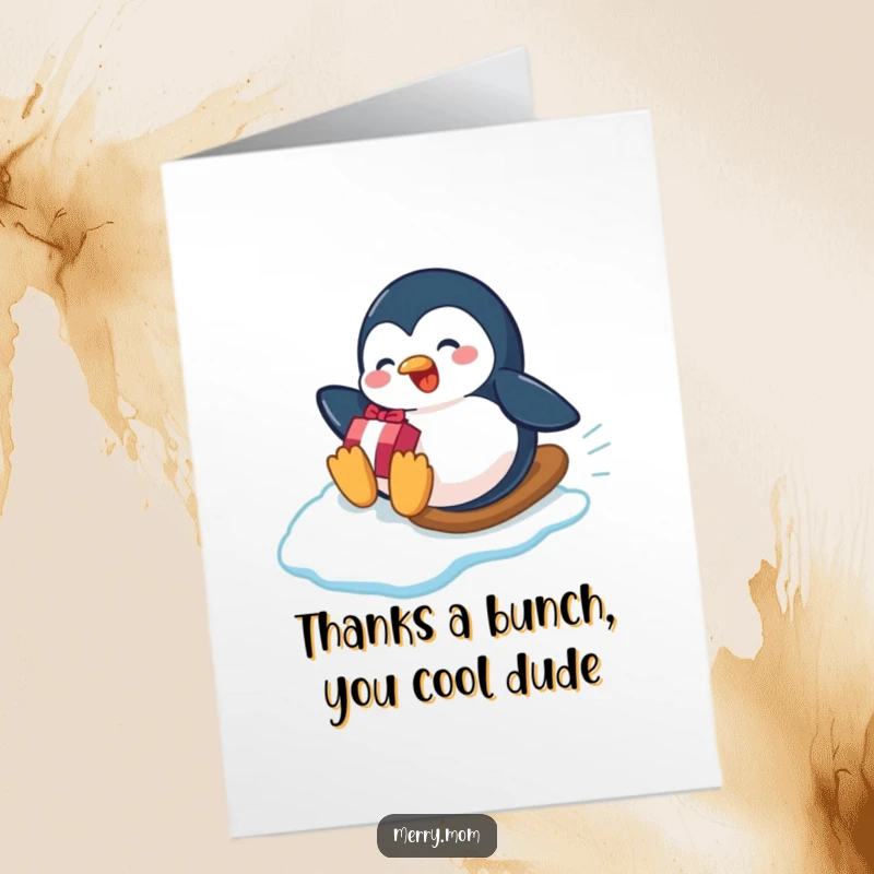 Funny Free Printable Thank You Card: Playful penguin sliding down an icy slope with a gift, conveying thanks.
