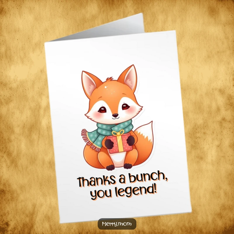 Funny Free Printable Thank You Card: Festive fox in sparkly scarf offers a gift box as a token of thanks.