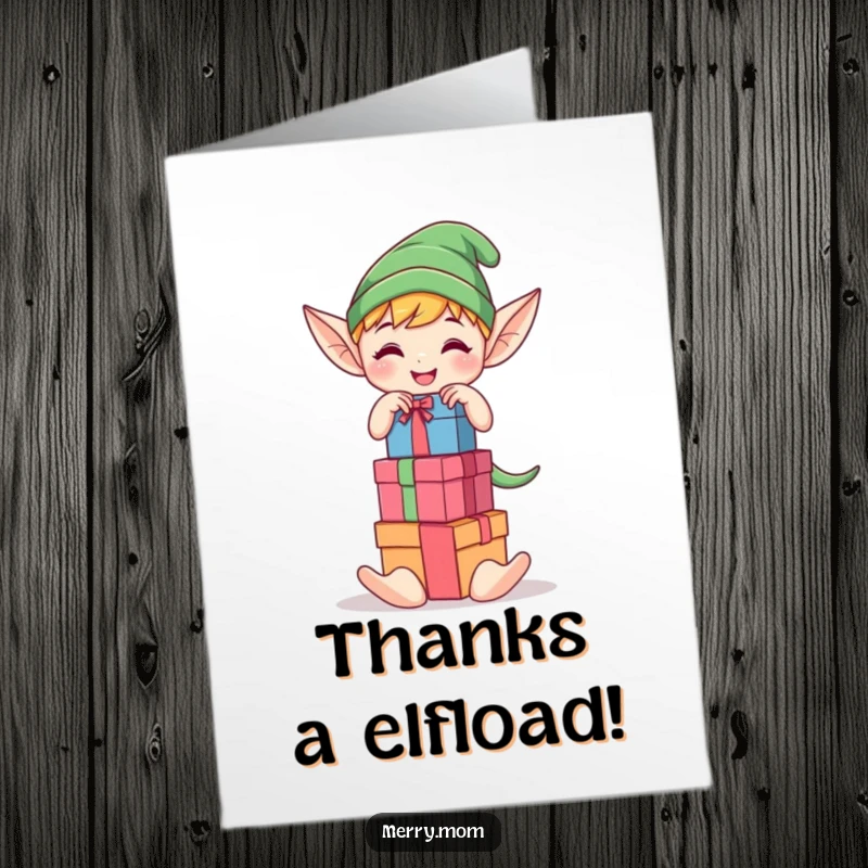 Funny Free Printable Thank You Card: Kawaii elf elf happily stacking colorful gift boxes, expressing thanks.