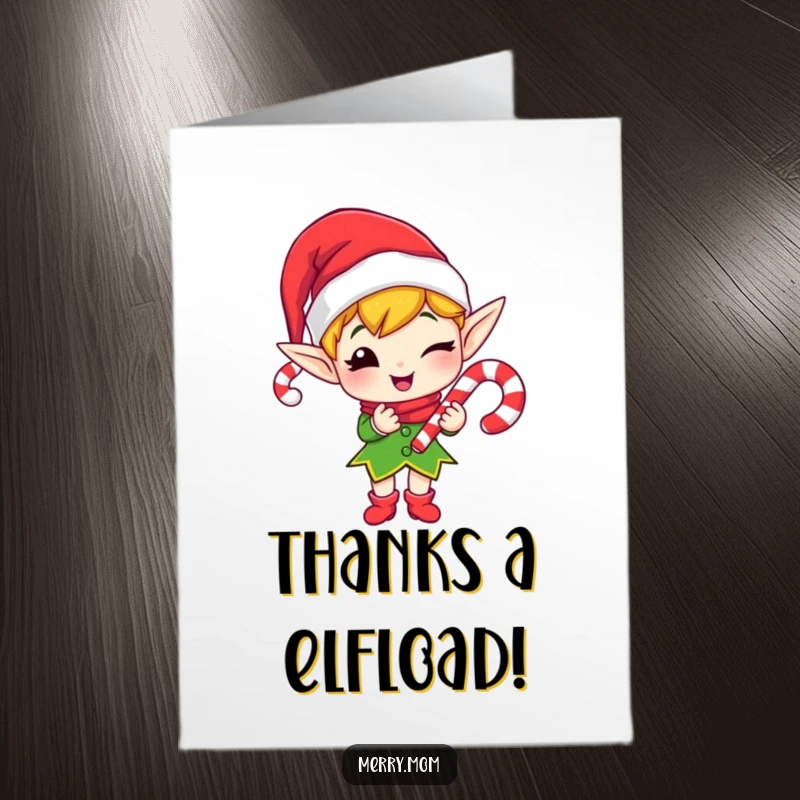 Funny Free Printable Thank You Card: A merry elf winks while gifting a candy cane, a unique way to say thanks.