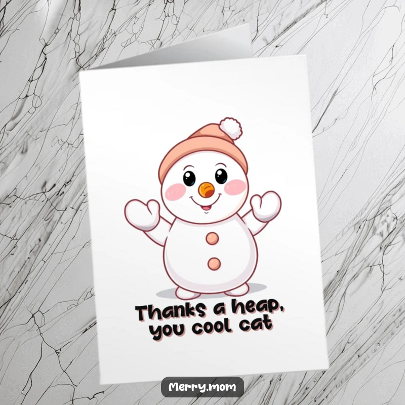 Funny Free Printable Thank You Card: Smiling snowman with carrot nose, waving a mittened hand thankfully.