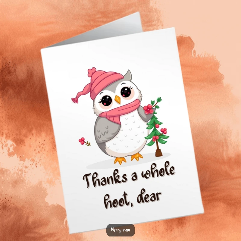 Cute Free Printable Thank You Card: Kawaii owl mom decorating a Christmas tree with berries, conveying sincere thanks.