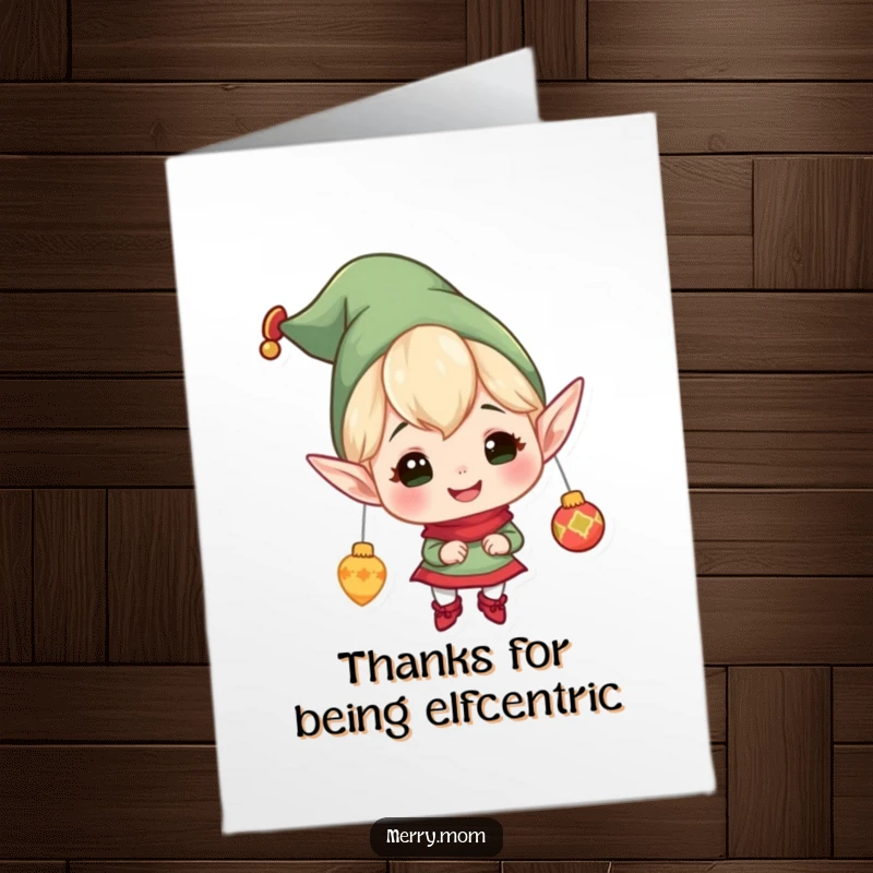 Festive Free Printable Thank You Card: A cheerful elf with pointy ears gleefully hangs ornaments, expressing thanks with holiday cheer.