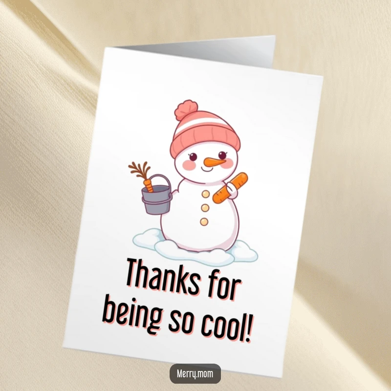 Funny Free Printable Thank You Card: An animal creating a snowman, bucket and carrot ready, offering a wintery thank you.