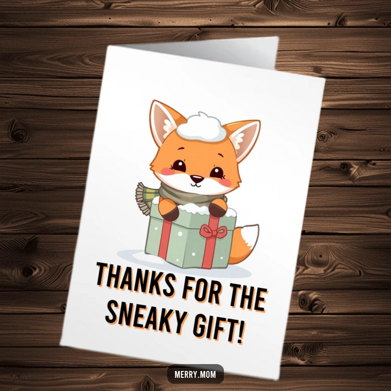 Funny Free Printable Thank You Card: Playful fox peeking from behind a snowy gift, saying thanks.