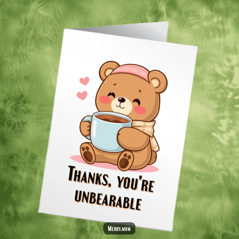 Cute Free Printable Thank You Card: Kawaii bear mom offering a steaming mug of cocoa, extending warm thanks.
