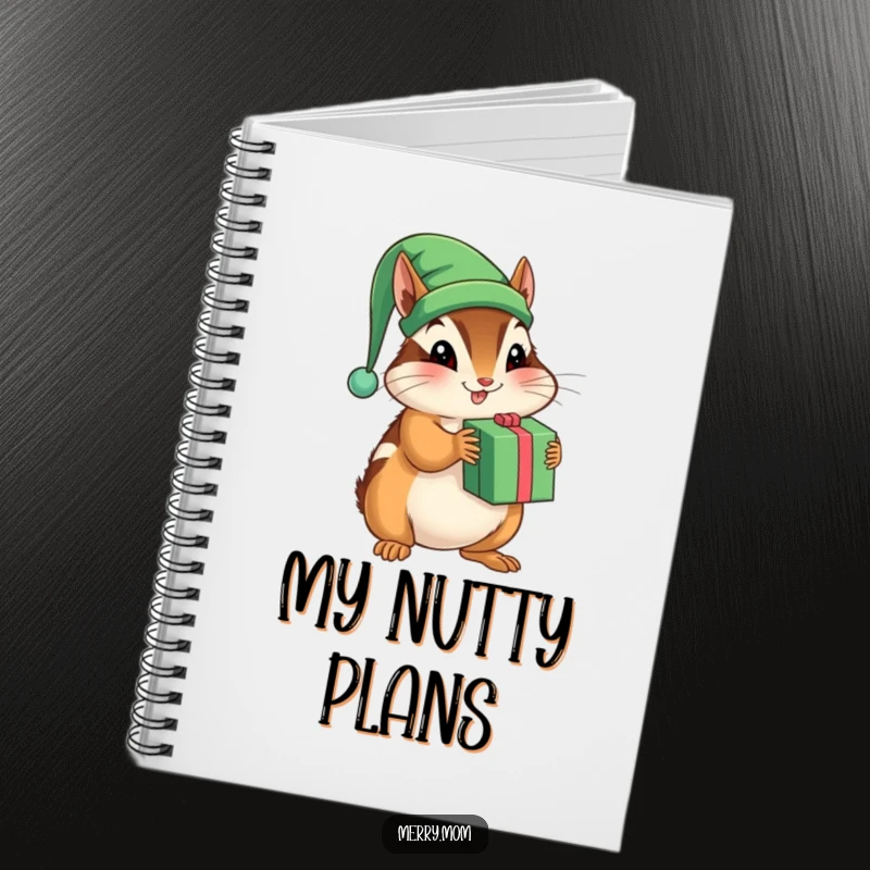 Funny notebook cover featuring a playful chipmunk with an elf hat, shaking a present.