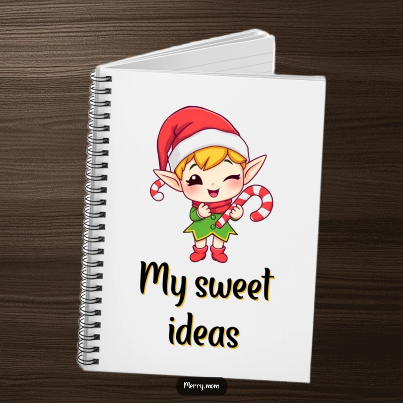 Funny notebook with a merry elf character winking and holding a candy cane on the cover.