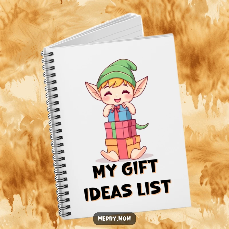 Funny Kawaii elf character joyfully stacking colorful gift boxes on a notebook, great for holiday notes and gifts.