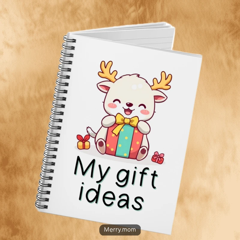 Funny notebook featuring a cute creature with festive antlers, joyfully unwrapping a gift, perfect for holiday notes and lists.