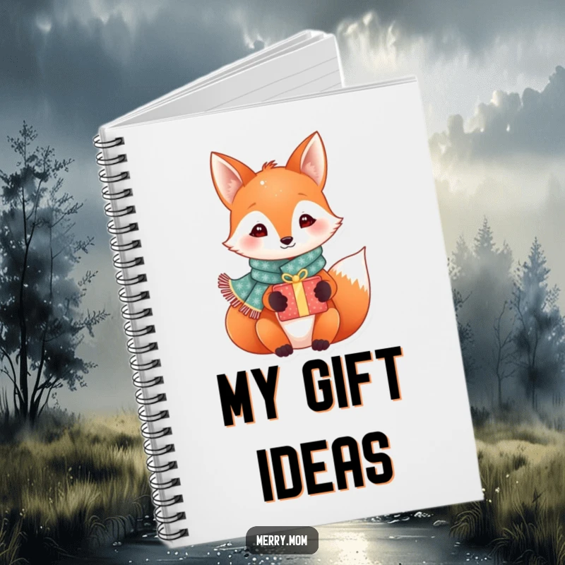 Funny festive fox in a sparkly scarf holding a gift box, ideal for writing notes, creative holiday notebook.