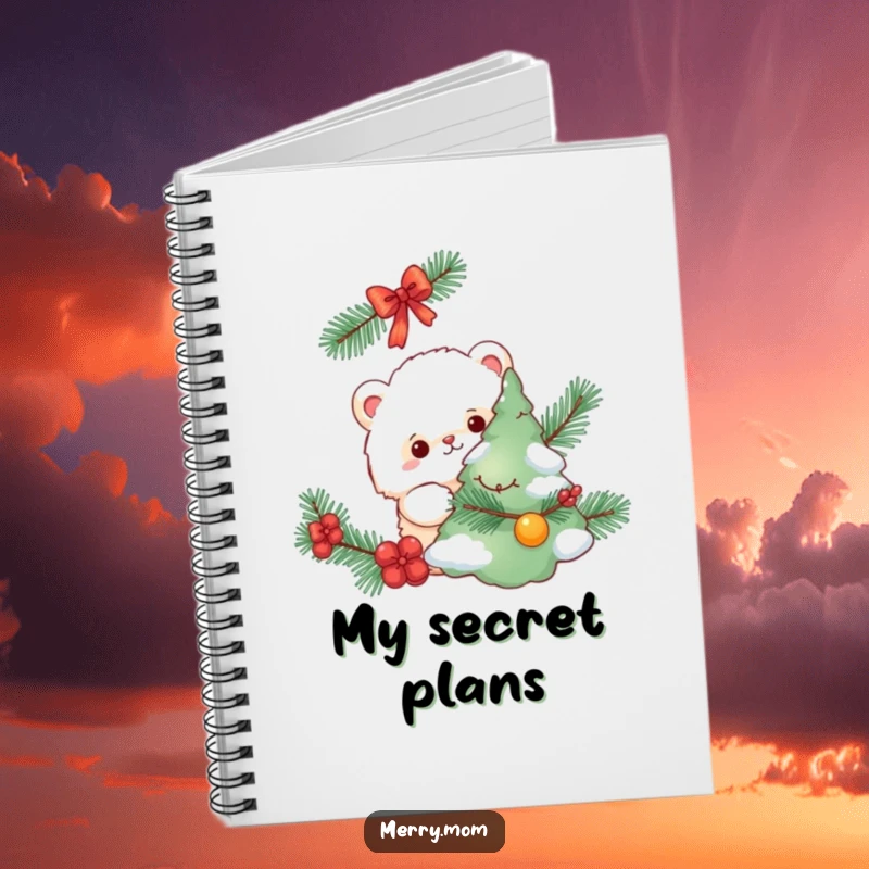 Funny notebook, fluffy creature hiding behind a decorated tree, humorous stationery, perfect for notes.