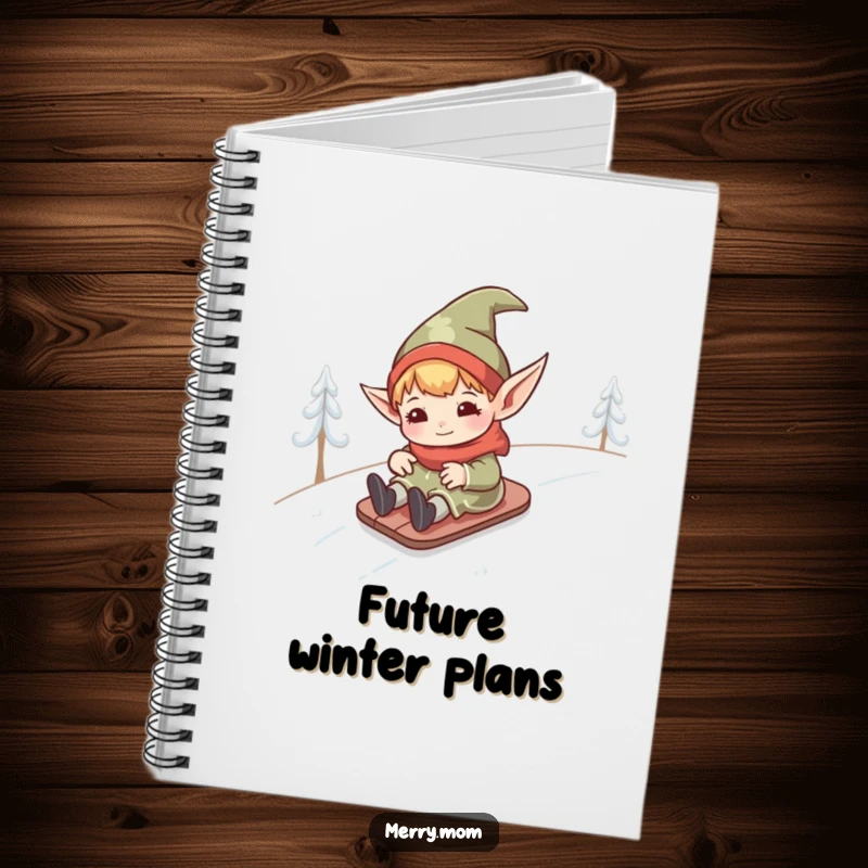 Funny kawaii elf with pointed ears sliding down a snowy hill, featured on a notebook for jotting down funny thoughts.