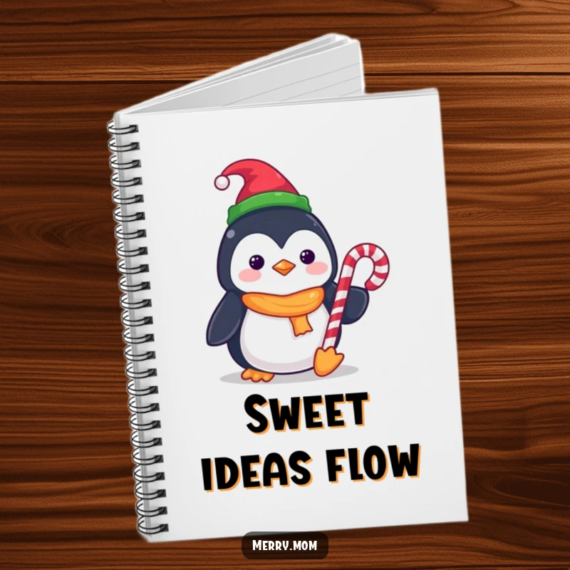 Funny Kawaii Penguin Notebook, perfect for journaling, wearing an elf hat and holding a candy cane for holiday inspiration.