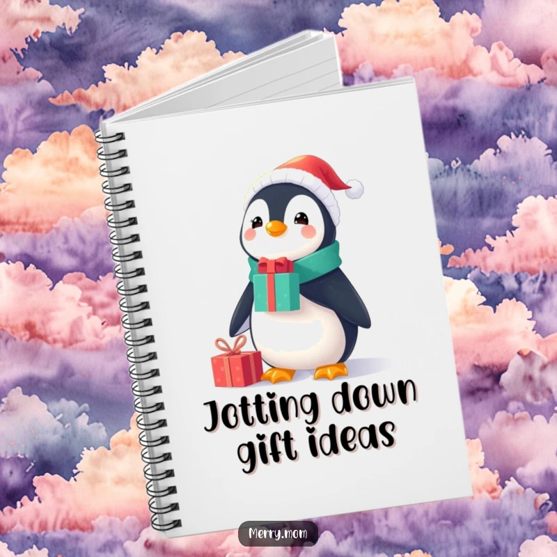 Funny Christmas notebook with a cheerful penguin in a small Santa suit, balancing gifts on its nose, perfect for holiday planning.