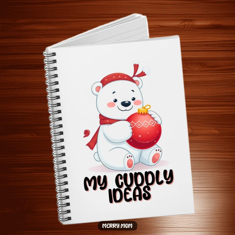 Funny notebook with a jolly polar bear hugging a big red ornament, perfect for writing holiday notes.
