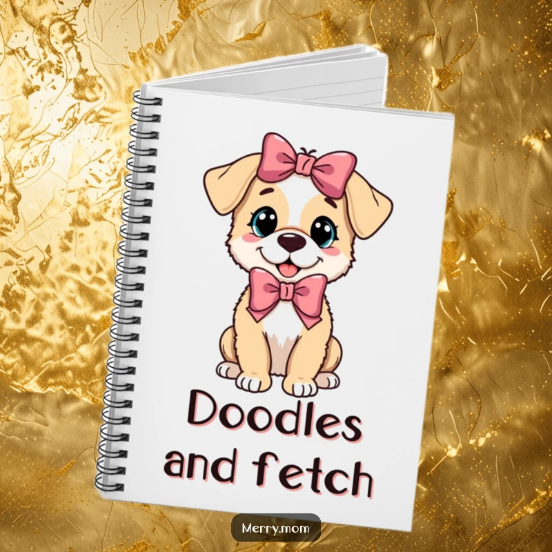 Funny playful puppy wearing a festive bow, ready for notes in this cute and functional dog-themed notebook.