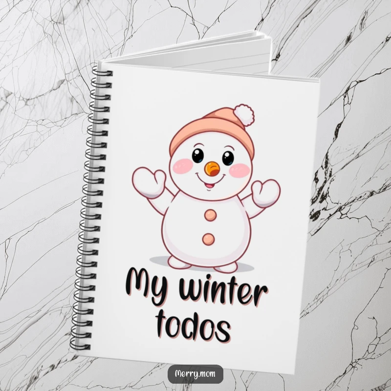 Funny smiling snowman character with carrot nose, waving a mittened hand on a notebook, great for winter notes and gifts.