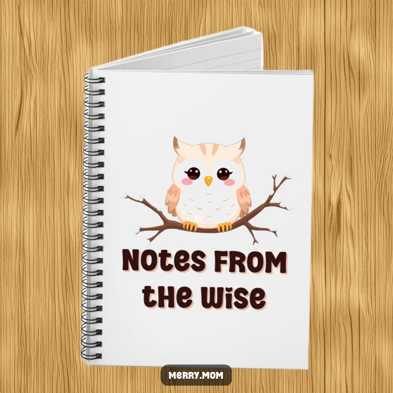 Funny Snowy Owl notebook with a happy owl peeking from a snowy branch, ideal for winter journaling.