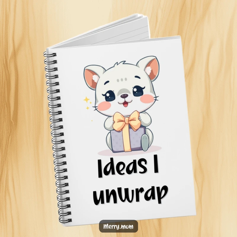 Funny notebook with an animal displaying sparkling eyes while unwrapping a gift, ideal for holiday notes.