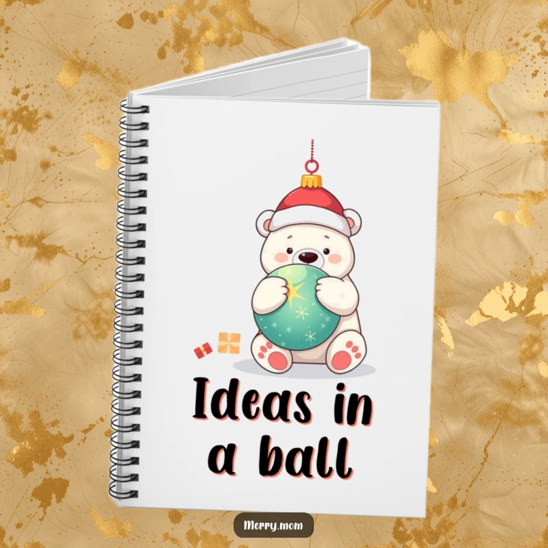 Funny kawaii polar bear hugging a large, twinkling Christmas ornament, displayed on a notebook for writing holiday notes.