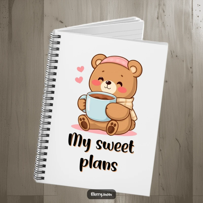 Kawaii bear mom offering a mug of cocoa, perfect for jotting down notes with a cozy theme.