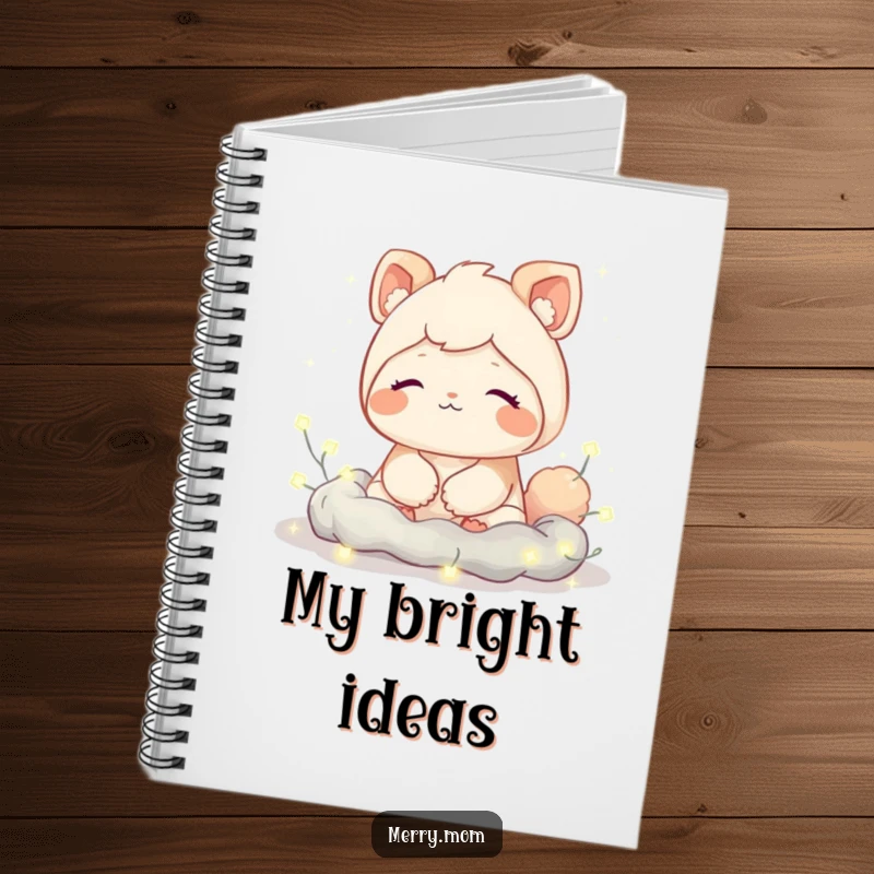 Funny notebook featuring a cute creature with a contented sigh, nestled amongst twinkling fairy lights, perfect for jotting down peaceful thoughts.
