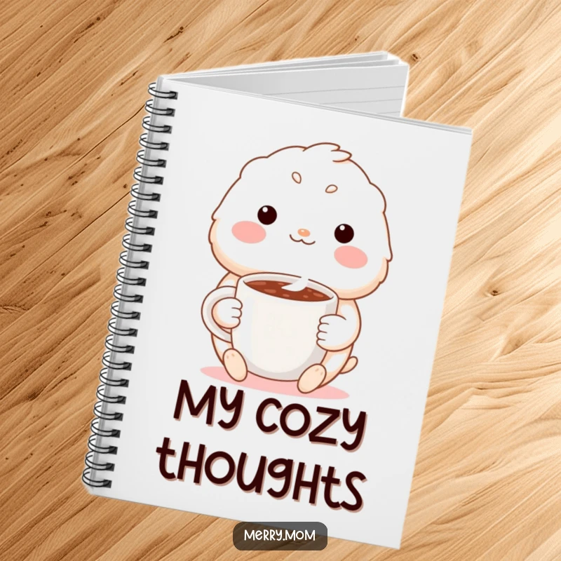 Funny notebook featuring a cute creature with a warm smile, holding a steaming mug of cocoa, perfect for jotting down notes.