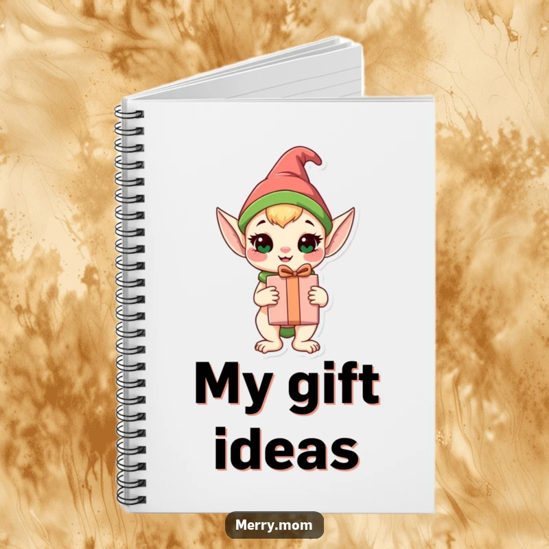 Funny Elf Animal Notebook with a happy elf animal holding a wrapped gift, perfect for journaling and note-taking.