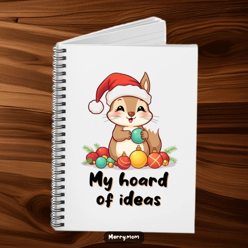 Funny notebook with a kawaii squirrel in a Santa hat, hoarding shiny ornaments, perfect for jotting down holiday plans.