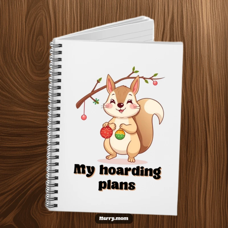 Funny Squirrel Notebook with a cheerful squirrel decorating a branch with tiny ornaments, perfect for notes.