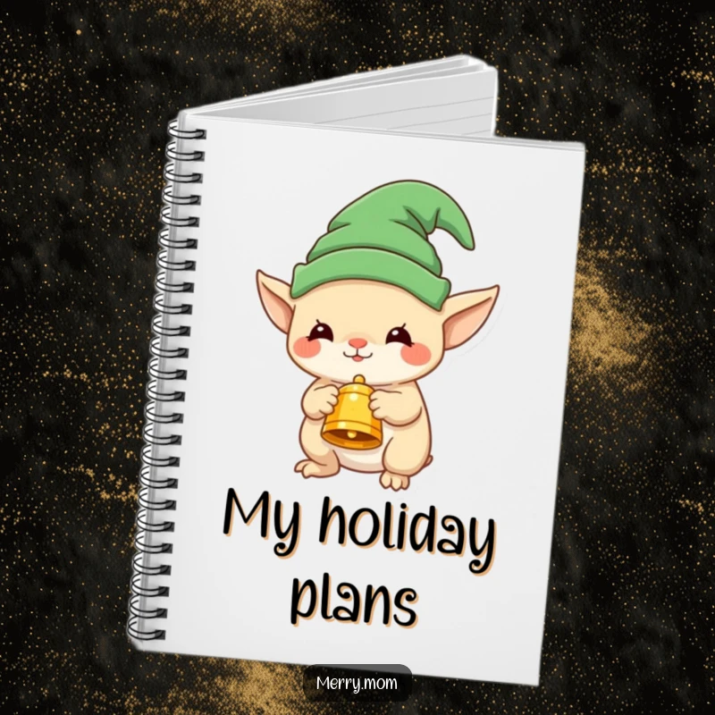 Funny notebook with a charming elf creature and a festive bell, ideal for journaling and planning.