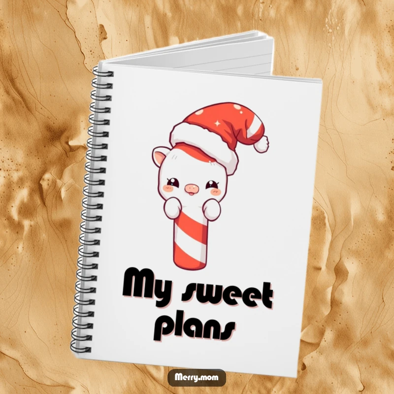 Funny notebook featuring a cute creature in a Santa hat peeking from behind a giant candy cane, perfect for holiday notes.