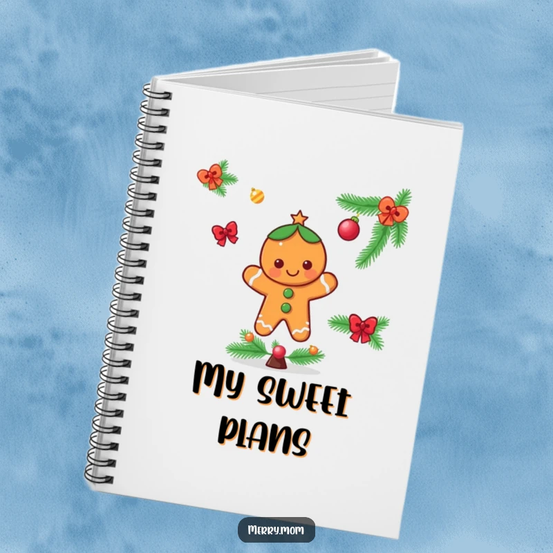Funny notebook with a cheerful gingerbread man character decorating a festive Christmas tree, perfect for jotting holiday notes.