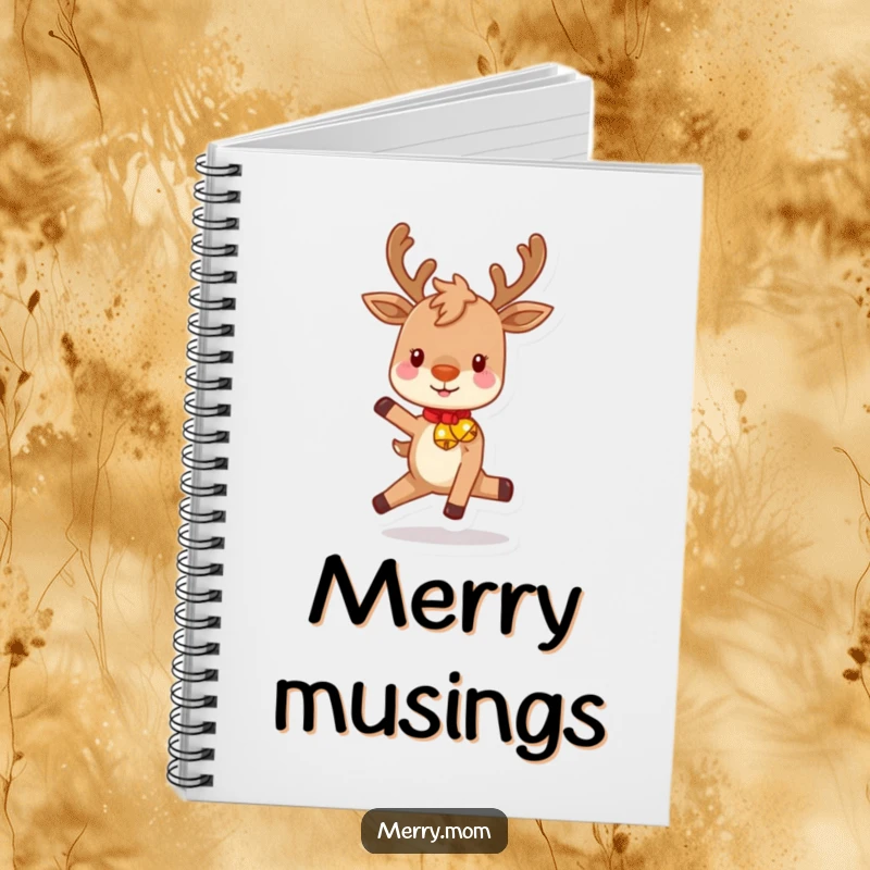 Funny notebook cover with a playful reindeer character prancing with festive bells, inspiring holiday notes and cheerful ideas.