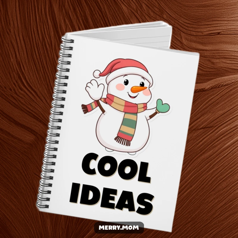 Funny notebook cover with a happy snowman character wearing a festive scarf, giving a jolly wave, inspiring winter notes and cheerful ideas.